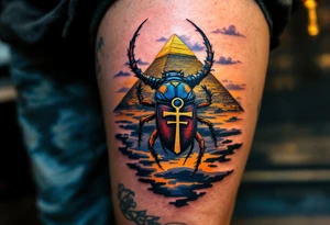 A scarab beetle carrying an Ankh, set against a backdrop of golden pyramids under a twilight sky. tattoo idea