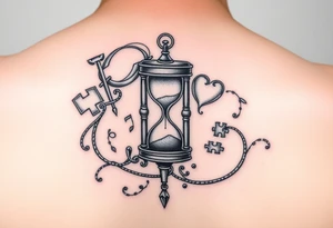 mother/son: music, hourglass, pocket watch, puzzle pieces, strength, forgiveness, love, infinity tattoo idea