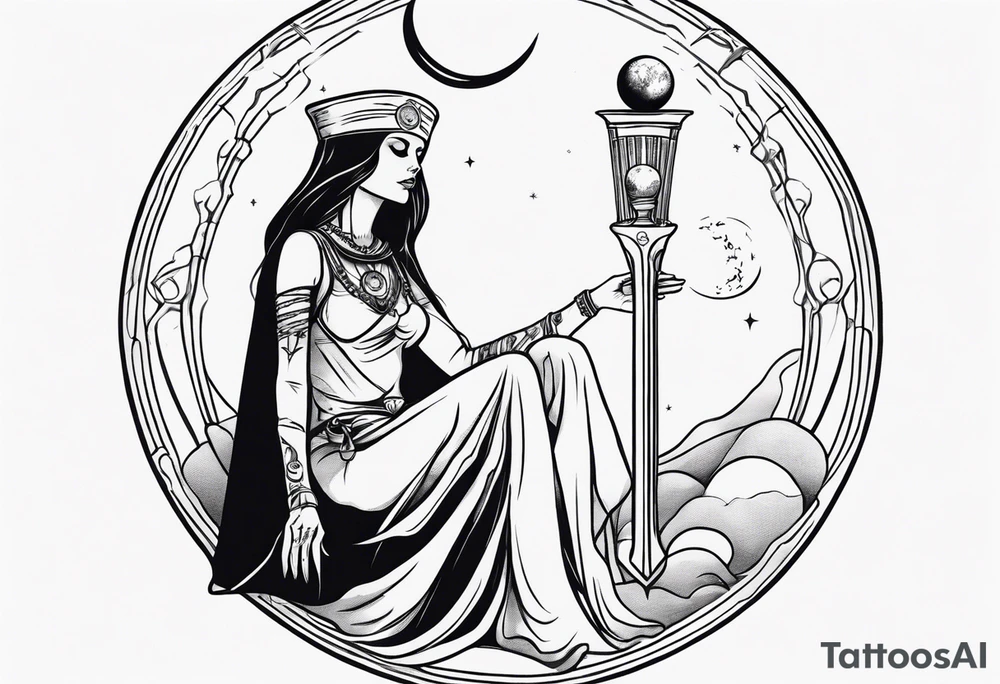 High priestess as a skeleton with moon tarot card tattoo idea
