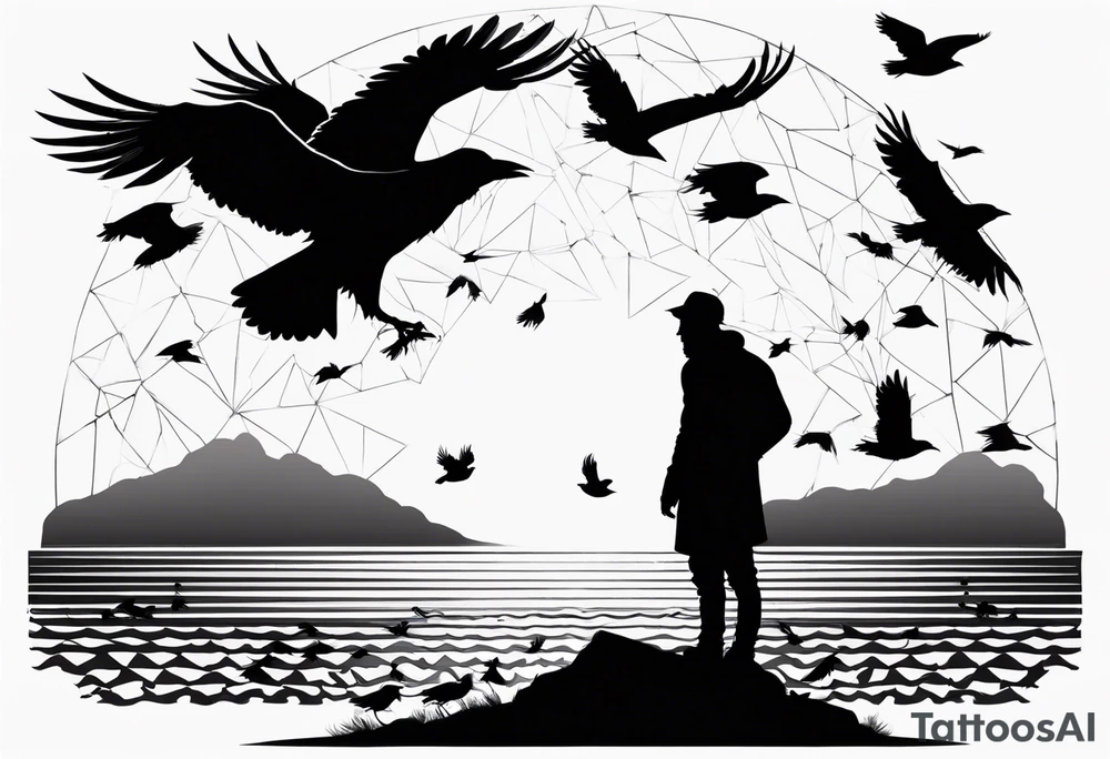 Silhouette of a man on his knees bent over with crows coming out his back like pieces of him flying away. tattoo idea