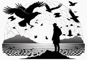 Silhouette of a man on his knees bent over with crows coming out his back like pieces of him flying away. tattoo idea