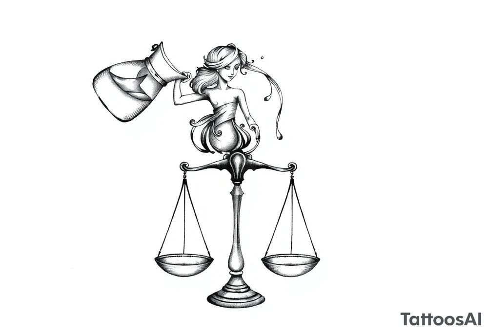I want a tattoo that combines the Aquarius water bearer and the Libra scales. The water should flow elegantly from the jug, merging onto and balancing the scales below. The water show be pouring out and down on to the scales tattoo idea