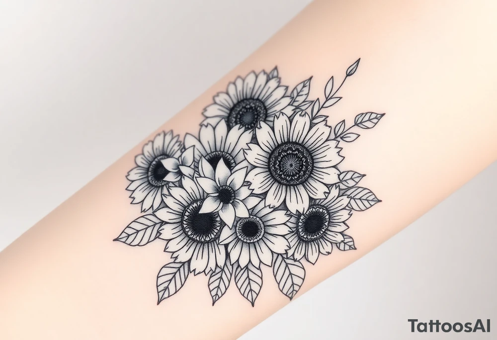 Large floral design with multiple types of flowers including sunflowers tattoo idea