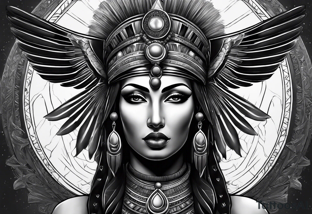 black and gray photo realistic goddess isis with minimal detail tattoo idea