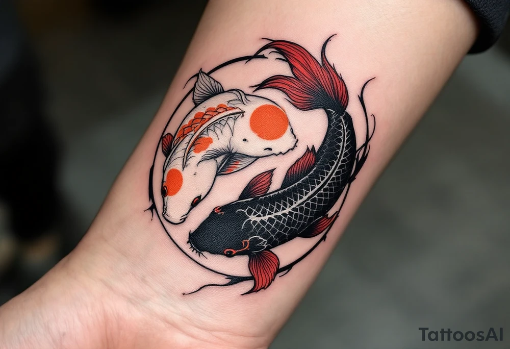 Dual Koi Yin-Yang Design – Two koi, one white with orange patches and the other black with red tips, forming a yin-yang circle to represent balance and duality. tattoo idea