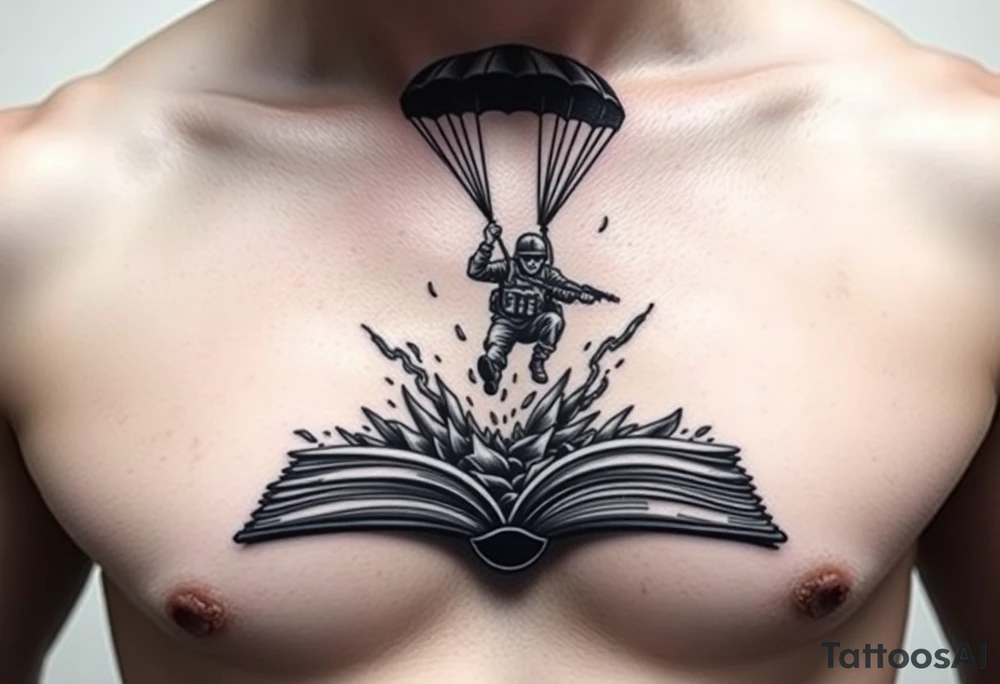 A parachuting soldier landing into an open book. Chaos surrounding, but the book is protecting the soldier from it. On the chest. Make the tattoo smaller. Make it thought provoking. Make the chaos in the environment be an eerie mist. Make the pages in the book be blank. Just one soldier, no other characters. the book is old. tattoo idea
