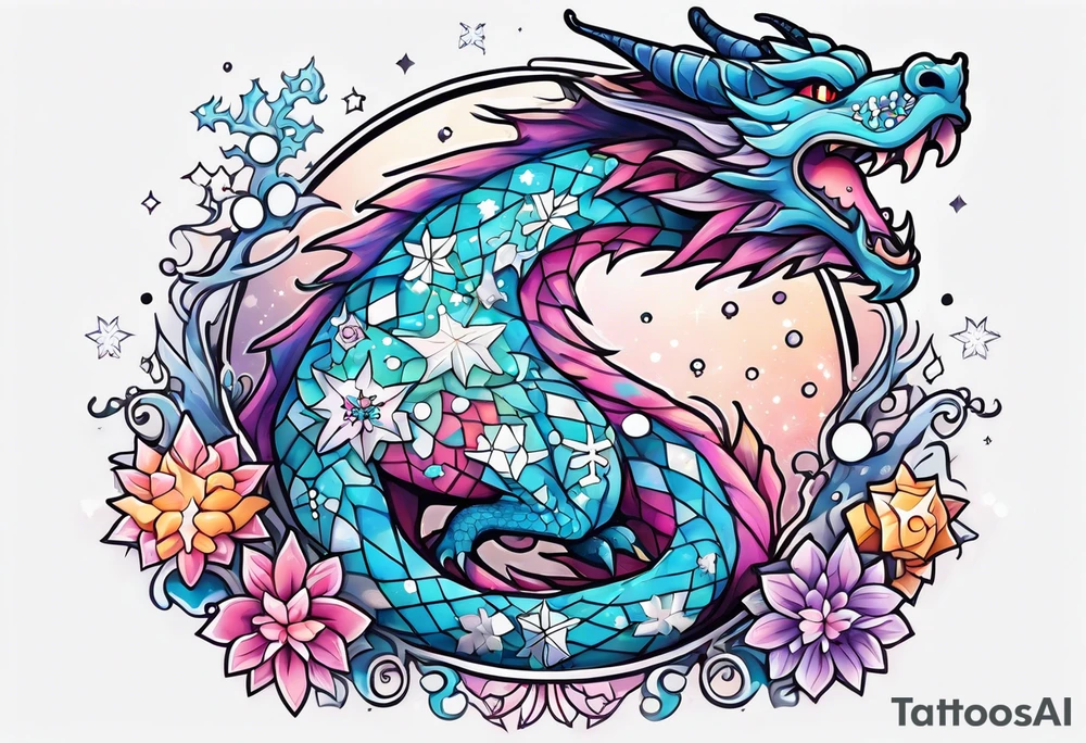 Constellation, kawaii dragon,snowflake tattoo idea