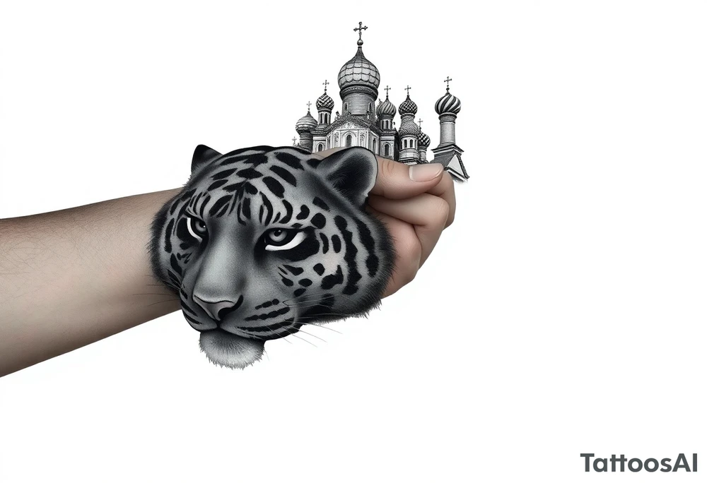 Realistic tiger face on the back of the hand with strong contrast and fine detail with all black eyes. then a highly detailed Russian Orthodox cathedral sitting above on the top fore arm with onion domes and orthodox crosses, done in fine line, engraving-like style. Cohesive composition, black ink only, no color, high contrast, slightly aged, documentary-style, plain light background. with clouds above and a virgin mary tattoo idea