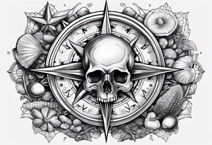 Compass, oyster with pearl, shells, starfish, skull tattoo idea