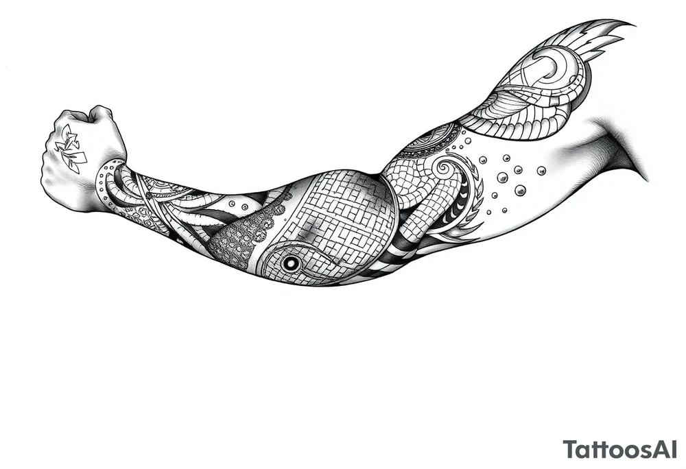 Sicilian Forearm tribal sleeve with patterns and symbols with snake scales tattoo idea