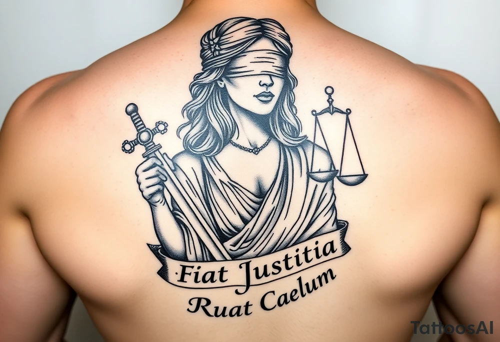 A striking black and grey tattoo design of a regal, blindfolded woman, symbolizing justice. She has an air of strength and wisdom, with flowing hair and a serene yet powerful expression. One breast is exposed, representing vulnerability and truth. She holds a sword in one hand, symbolizing enforcement of justice, and a set of scales in the other, signifying balance. The Latin phrase ‘Fiat Justitia Ruat Caelum’ is elegantly inscribed in a classical, Roman-inspired font, either flowing beneath her or wrapping around the design. The overall style is a fusion of realism and fine-line tattoo artistry, with intricate shading and dramatic contrasts to give depth and texture tattoo idea