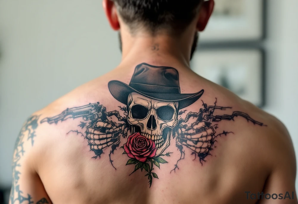 a full body skeleton cowboy gunslinger with a rose in his mouth. tattoo idea