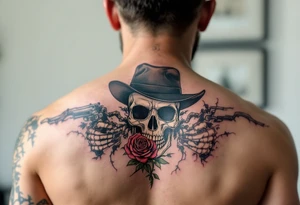 a full body skeleton cowboy gunslinger with a rose in his mouth. tattoo idea