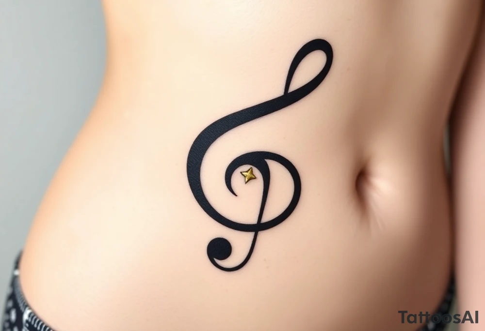 A geometric treble clef with sharp lines, made from bold black ink and accented with geometric shapes in gold tattoo idea