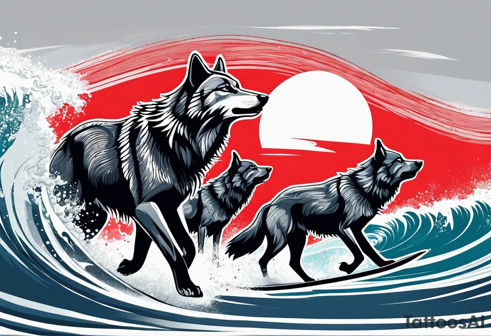 a pack of howling muscular  gray wolves surfing with a tropical background with red white and black and gray tattoo idea