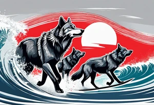 a pack of howling muscular  gray wolves surfing with a tropical background with red white and black and gray tattoo idea