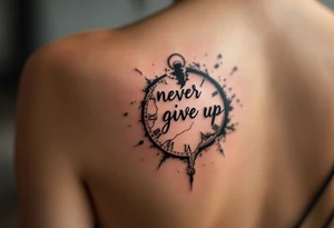 The phrase "never give up" inside a broken clock face, time frozen at your turning point, in sepia tones. tattoo idea