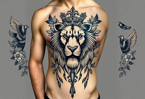 powerful majestic lion with a crown, surrounded by floral ornaments and birds tattoo idea
