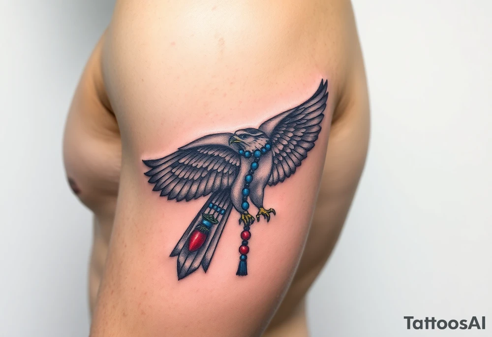 An Egyptian Falcon (Horus) Carrying a Rosary (only red , blue and black are possible colors) tattoo idea