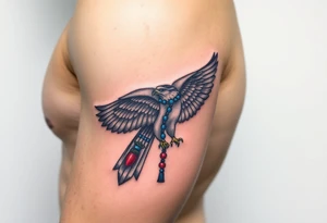 An Egyptian Falcon (Horus) Carrying a Rosary (only red , blue and black are possible colors) tattoo idea