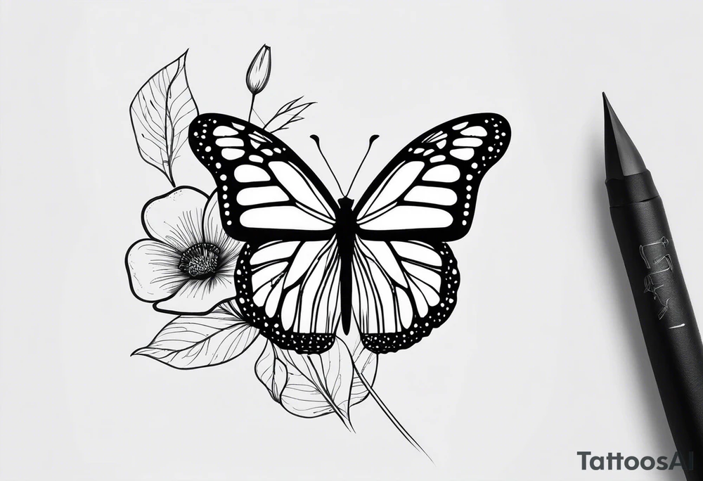 Design a black and white fine line tattoo of a monarch butterfly. The top halves of the wings should be filled with delicate poppy flowers, seamlessly integrated into the wing design. The overall style should be minimalistic and elegant, with clean lines and intricate details. The bottom halves of the wings should remain simple to emphasize the flowers above. tattoo idea