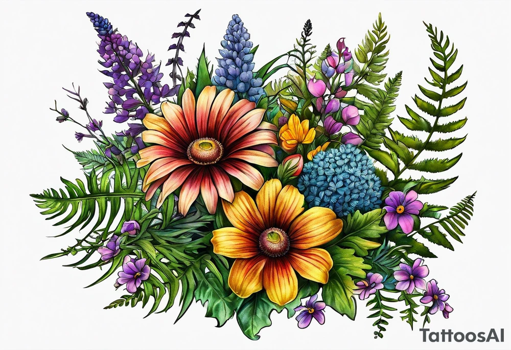 saturated mixed wildflower bouquet with ferns and detailed with color tattoo idea