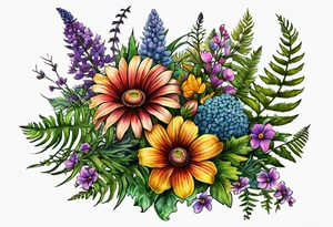 saturated mixed wildflower bouquet with ferns and detailed with color tattoo idea