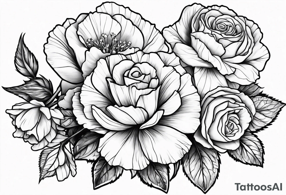 Flower heads of primrose 2 carnation and rose together tattoo idea