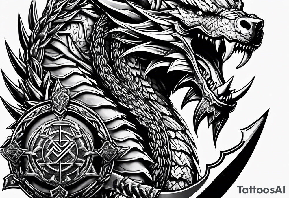 Valhalla sword shield dragon axe Valknut barbed wire chains tattoo idea