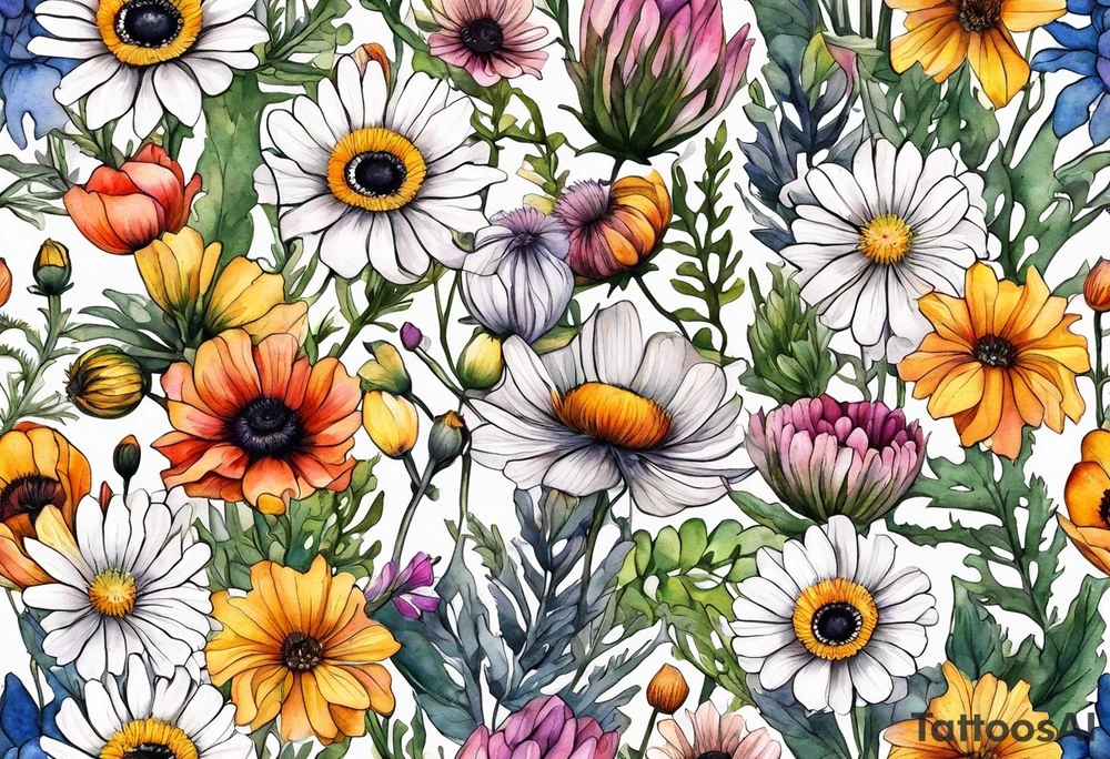 wildflowers with thistles, ferns, ranuculus, white anemones with black center, sun flowers, mixed color flowers and different shapes all in watercolor tattoo idea