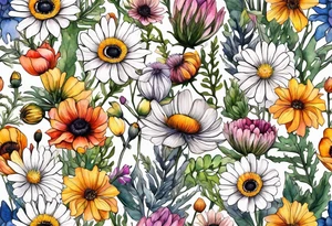 wildflowers with thistles, ferns, ranuculus, white anemones with black center, sun flowers, mixed color flowers and different shapes all in watercolor tattoo idea