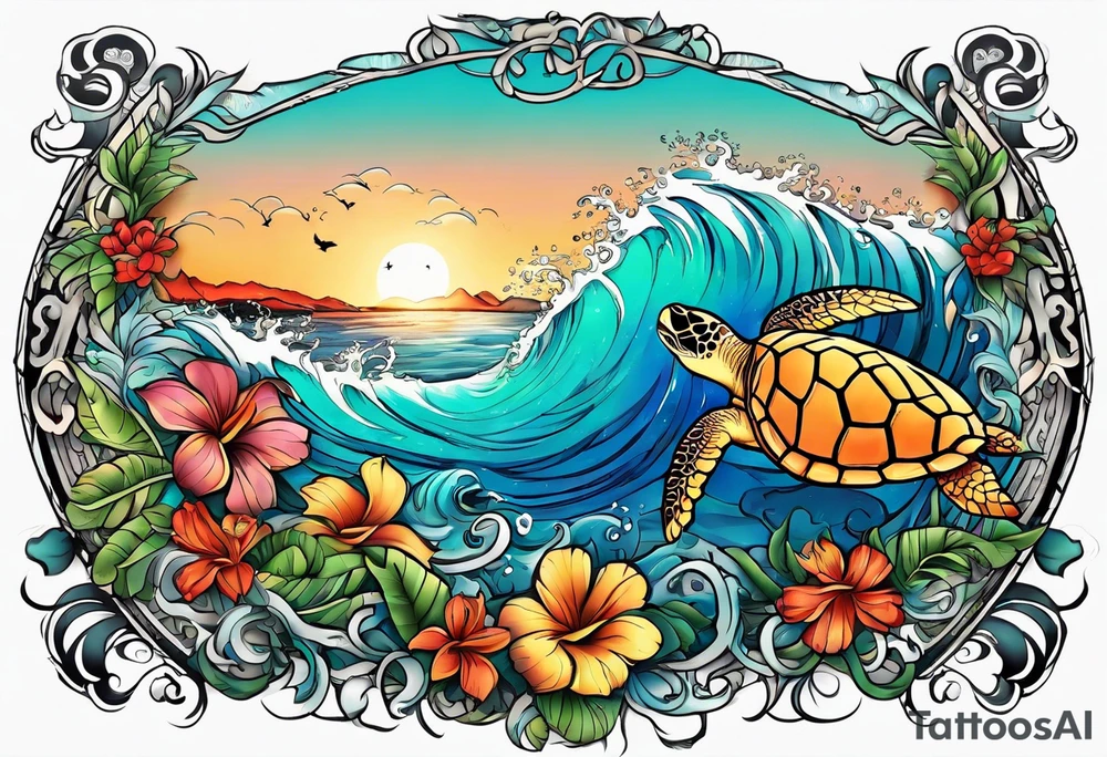 Full Sleeve and chest, Viking, Hawaiian, sea Turtle, flowers tattoo idea