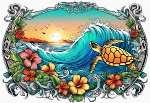 Full Sleeve and chest, Viking, Hawaiian, sea Turtle, flowers tattoo idea