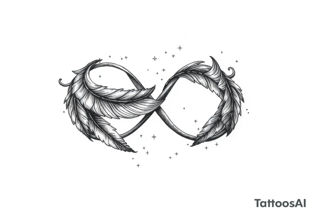 infinity symbol woven with floating feathers and stardust tattoo idea