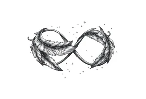 infinity symbol woven with floating feathers and stardust tattoo idea