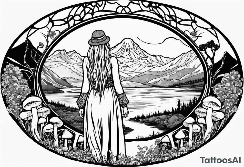 Whole picture encircled fully

Straight long blonde hair hippie girl in distance holding mushrooms in hand facing away toward mountains and creek surrounded by mushrooms long sleeve shirt and hiking pants; whole rendering within a full celtic circle border, no cut off circle tattoo idea