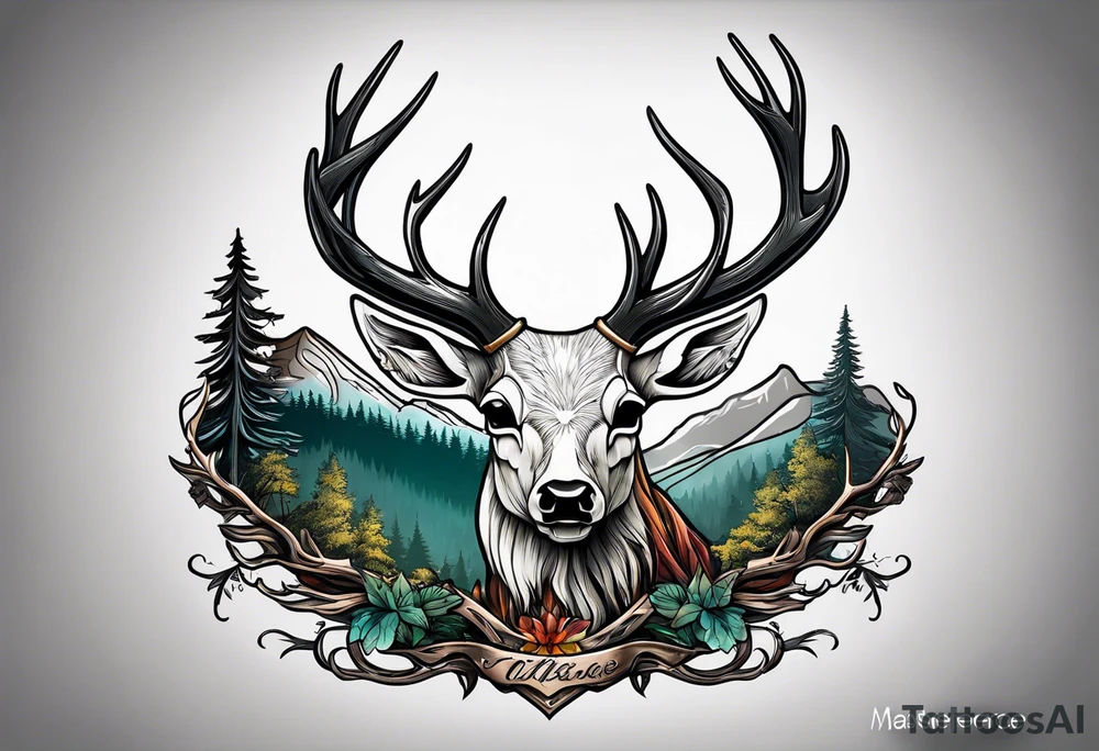 deer skull mountain trees tattoo idea