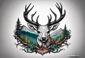 deer skull mountain trees tattoo idea