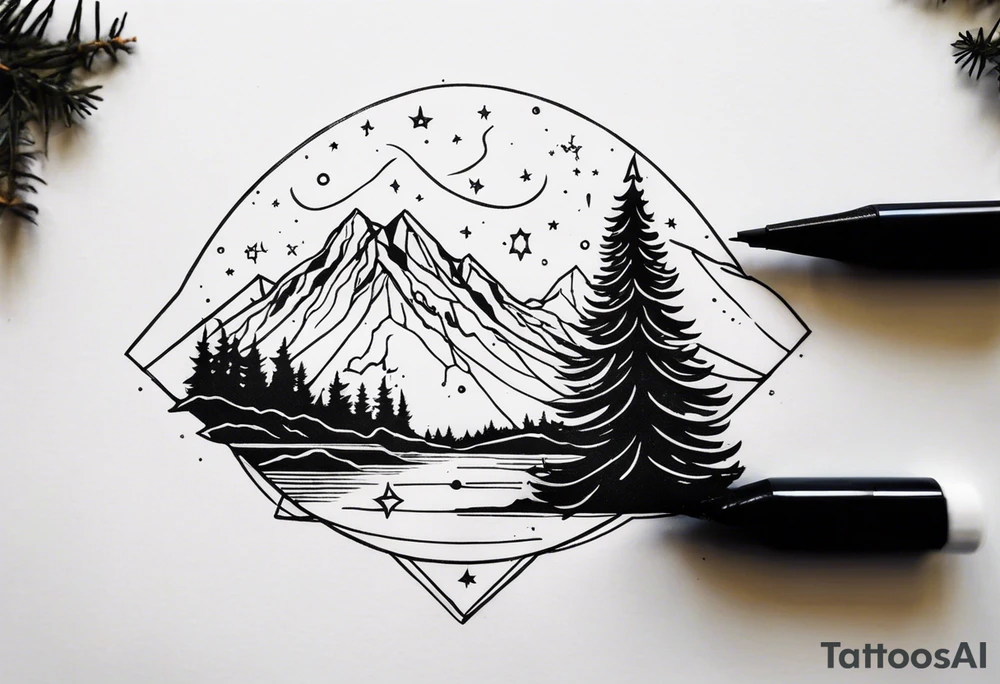 A mountain in the background, with a pine tree in front of the constellation of Aquarius tattoo idea