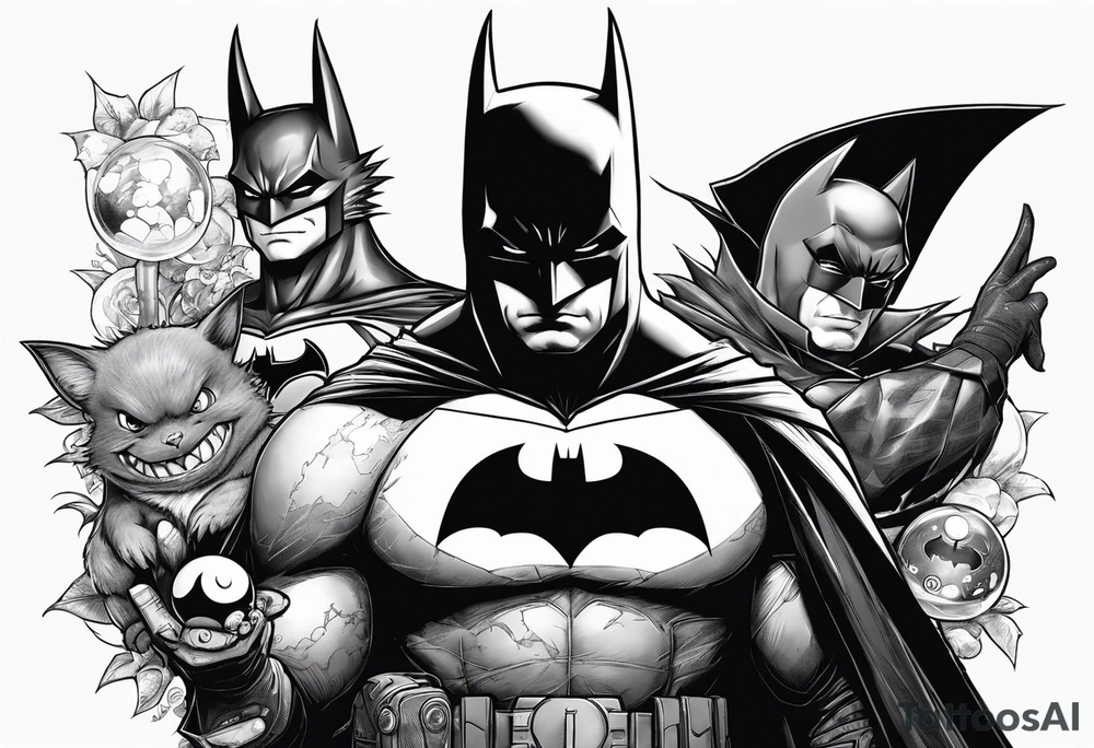 Batman holding three pokeballs, gengar standing near Batman, noibat behind Batman and pikachu holding a Batarang tattoo idea