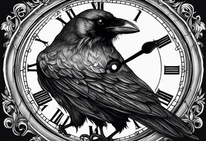 crow looking back twisted neck inside a old clock with pointers and markers being a forest tattoo idea