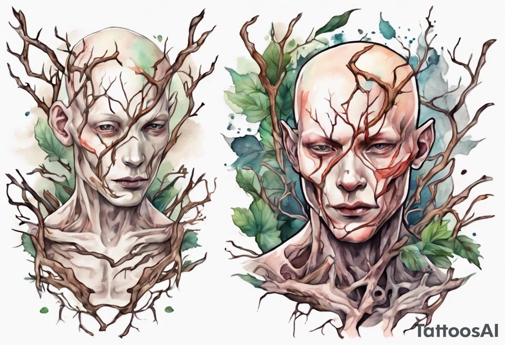 a pale man made out of tree branches tattoo idea