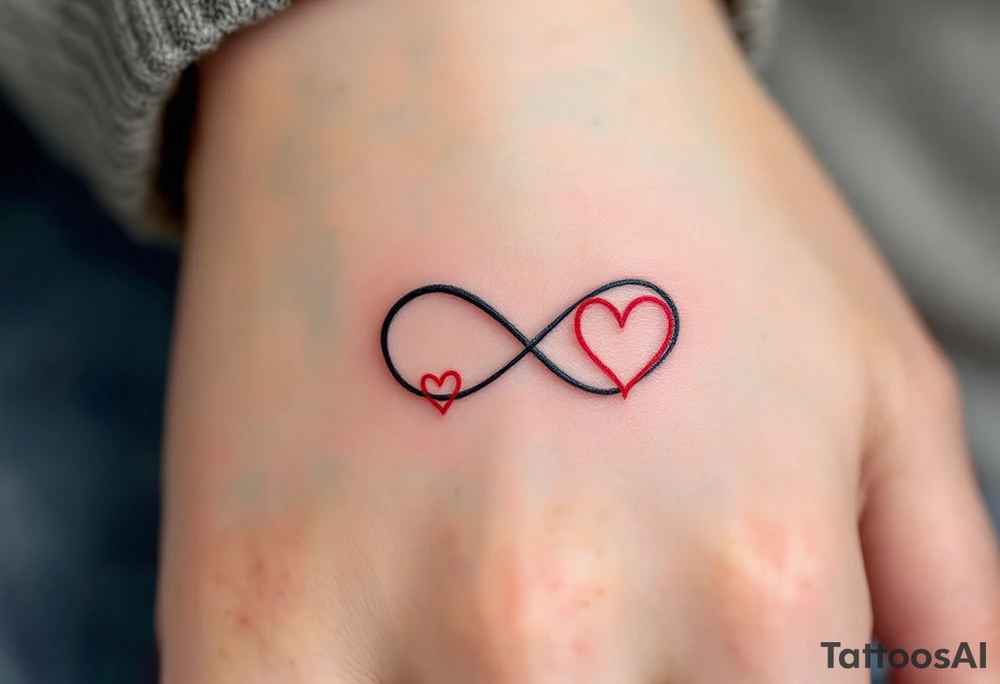 A bold black infinity sign entwined with two matching red hearts at each loop end. tattoo idea