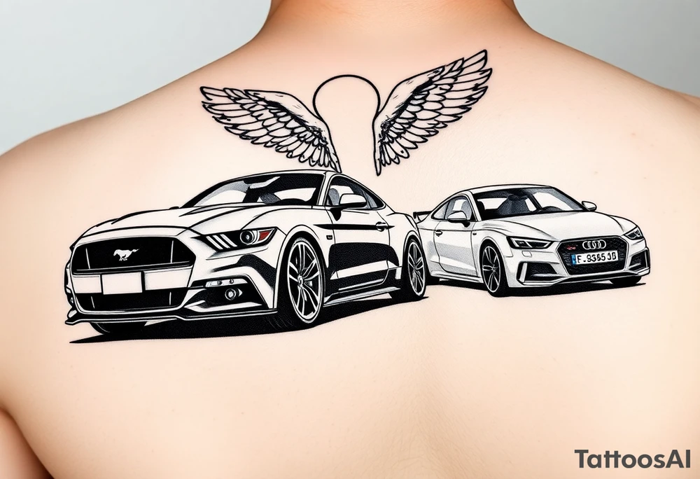 2014 Mustang GT driving down highway with 2015 Audi S5 with Angel wings and halo above 2015 Audi S5 tattoo idea