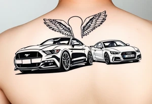 2014 Mustang GT driving down highway with 2015 Audi S5 with Angel wings and halo above 2015 Audi S5 tattoo idea