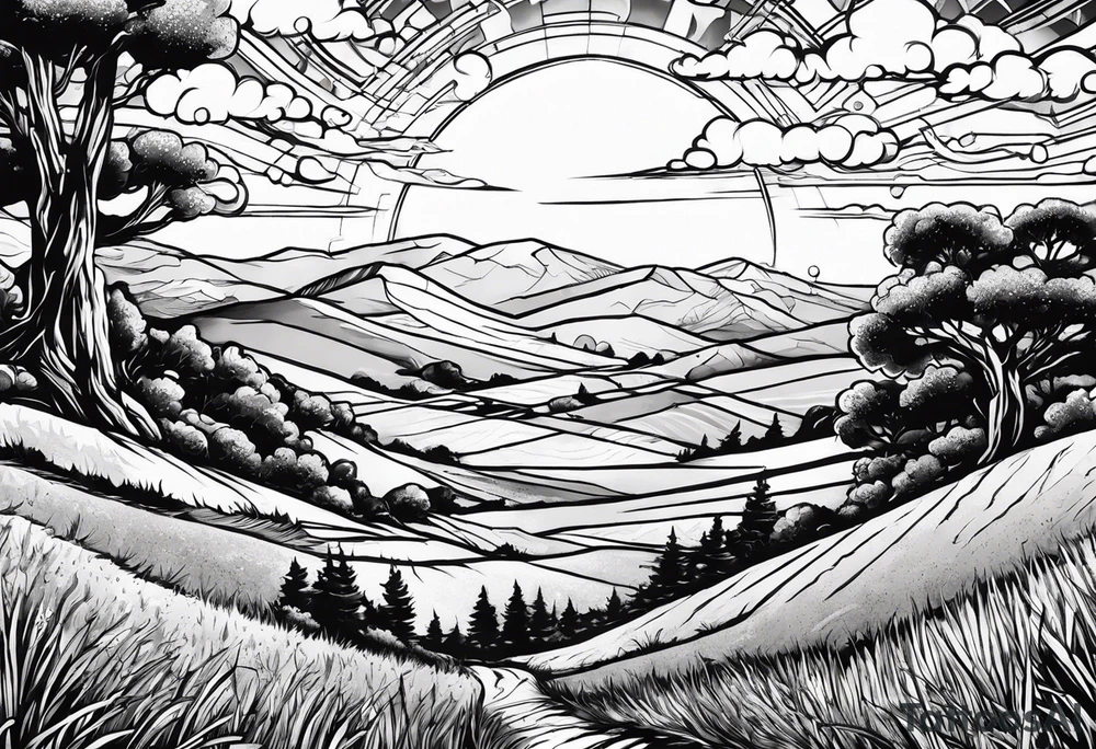 I want a arm sleeve where the sky is the background like the Calvin and Hobbes picture of them looking up at the sky tattoo idea
