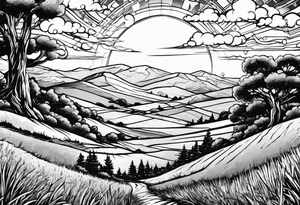 I want a arm sleeve where the sky is the background like the Calvin and Hobbes picture of them looking up at the sky tattoo idea