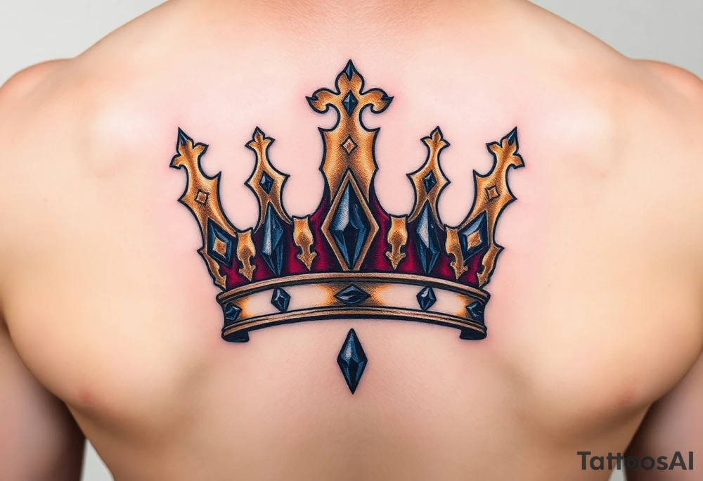 A regal gold crown tattoo adorned with deep red velvet lining, shimmering sapphire-blue gemstones, and subtle black shadowing underneath to give it a bold, three-dimensional look. tattoo idea