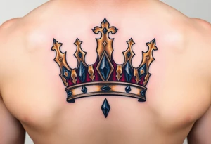 A regal gold crown tattoo adorned with deep red velvet lining, shimmering sapphire-blue gemstones, and subtle black shadowing underneath to give it a bold, three-dimensional look. tattoo idea