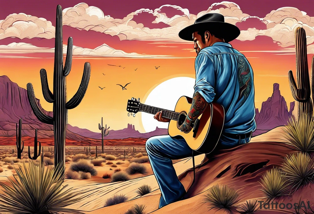 Desert scape. Guitar playing father tattoo idea